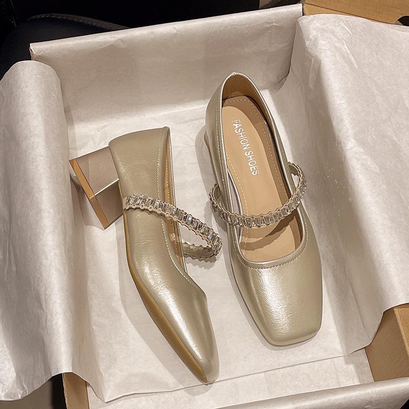 

Mary Jane shoes women s summer new fashion versatile skirt rhinestone thick heel square head shallow mouth single shoes 40 шампанского