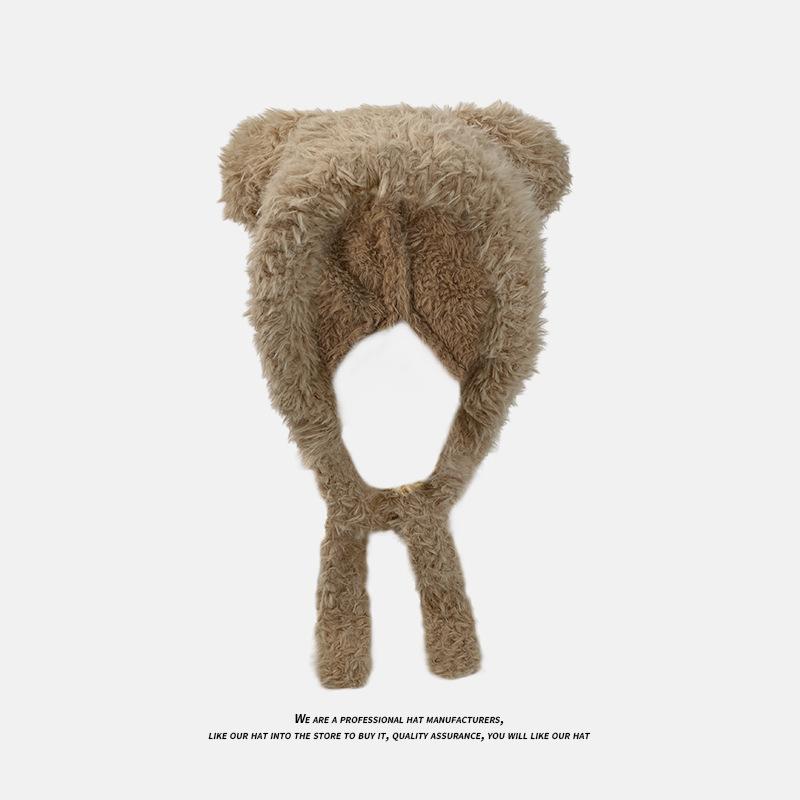 Autumn and Winter Plush Bear Knitted Hat Warm and Ear Protecting Cold Hat Japanese-style Large Head Knitted Hat Panda Element