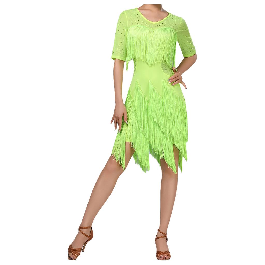 Ladies Glittery Rhinestone Tassel Dress Mesh Patchwork Short Sleeve Irregular Hem Fringe Latin Tango Chacha Dance Dress