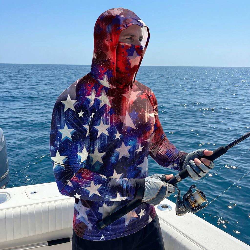 Men's Casual Raglan Sleeve Hooded Long Sleeve Sun Protection Shirt with Graphic Print for Outdoor Sports and Activities