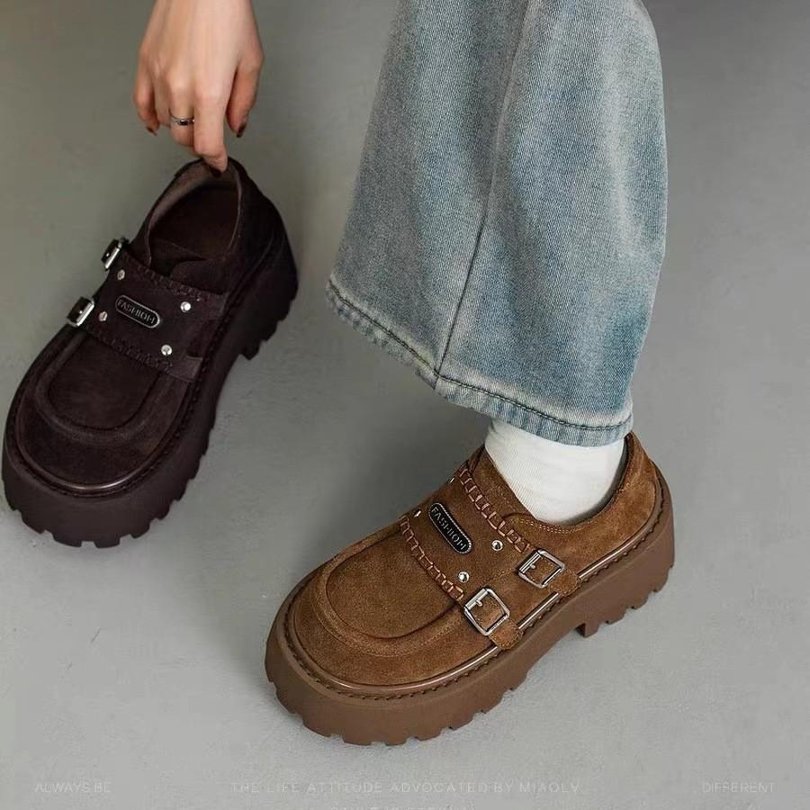 Vintage Maillard thick-soled round head deep-mouth single shoes women's 2025 winter new versatile height-increasing college style loafers