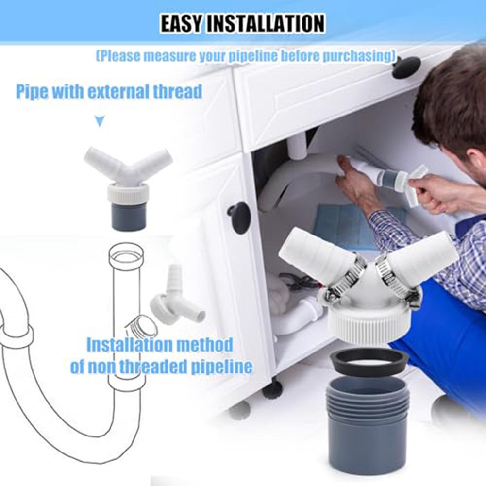 Dishwasher Washing Machine Drain Adapter Double Connection Y-type Three-way Two-in-one Connector Converter 1 1/4 Inch 40 Mm