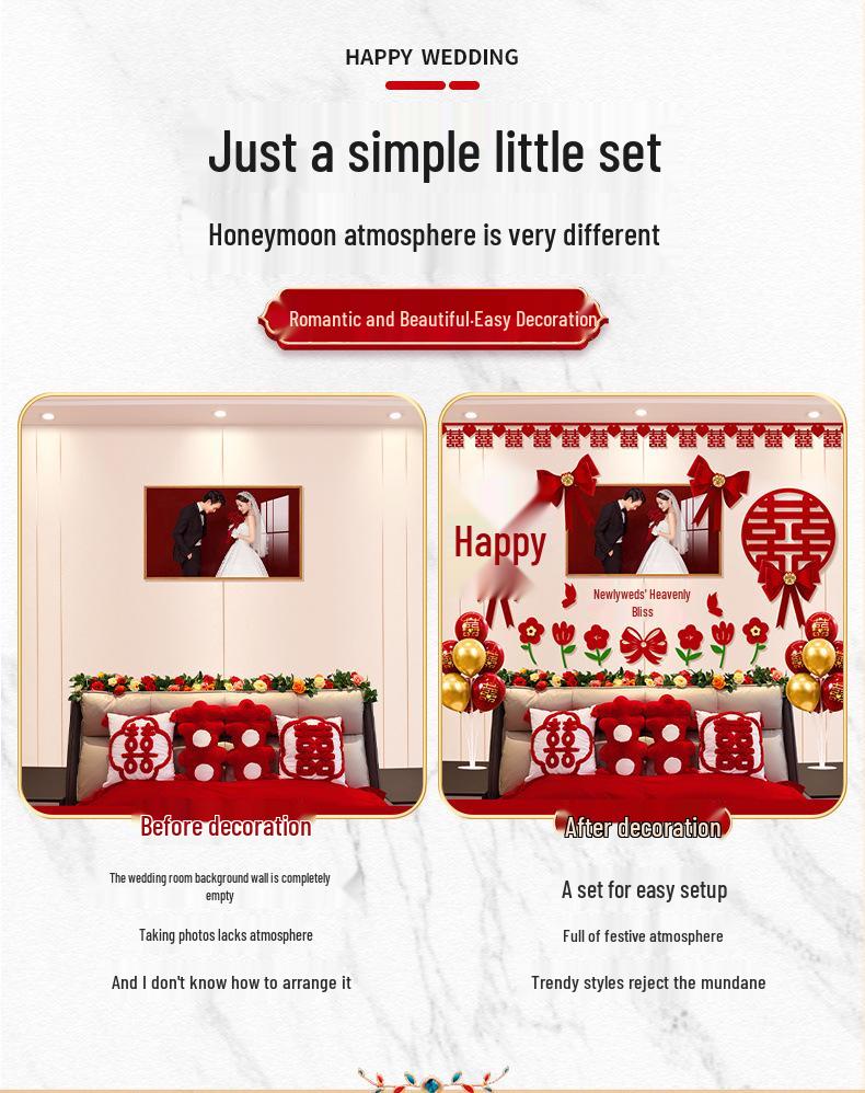 Elegant Wedding Bedroom Decoration Set: High-End Double Happiness Wall Décor with Flowers.