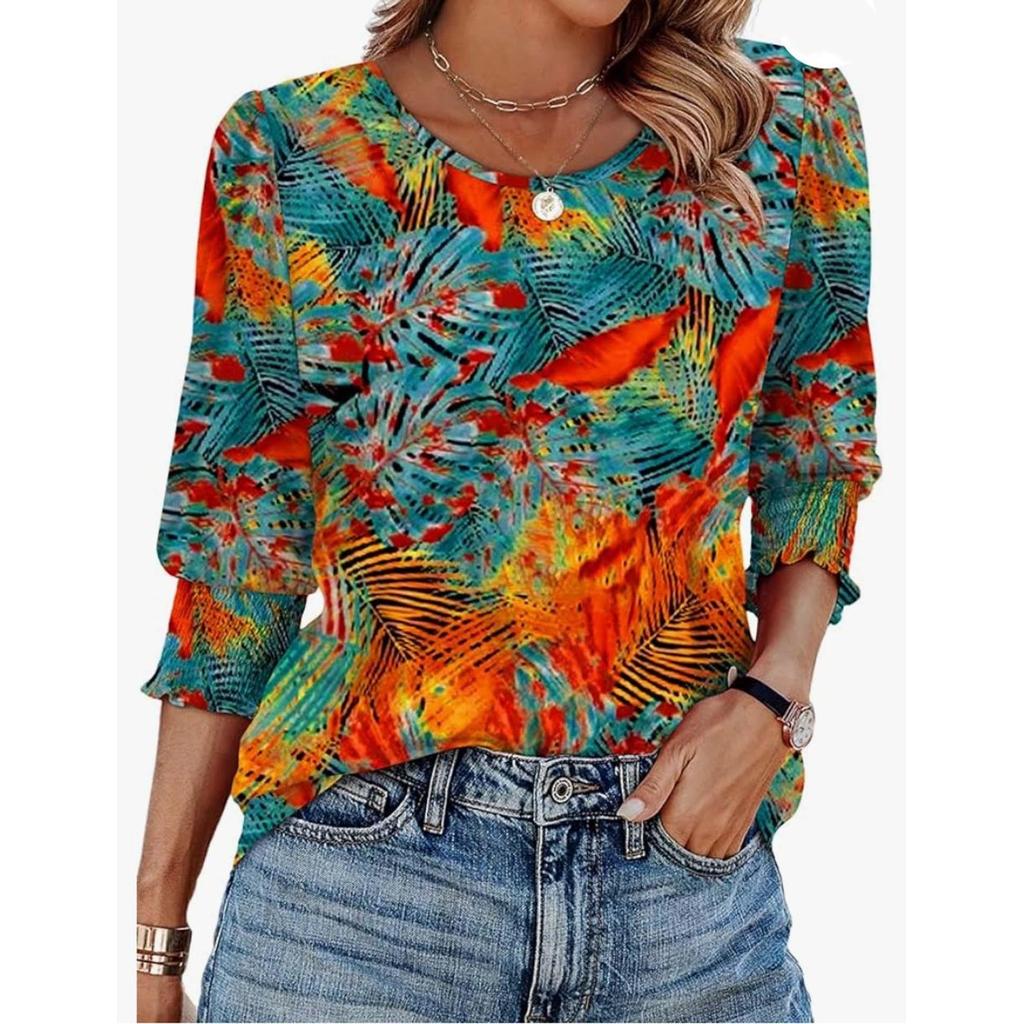 Odzież damska, Wiosna i lato, Luźne, Swobodne, Bluzki z nadrukiem, Rękawy 7/4, Okrągły dekolt, Koszulki