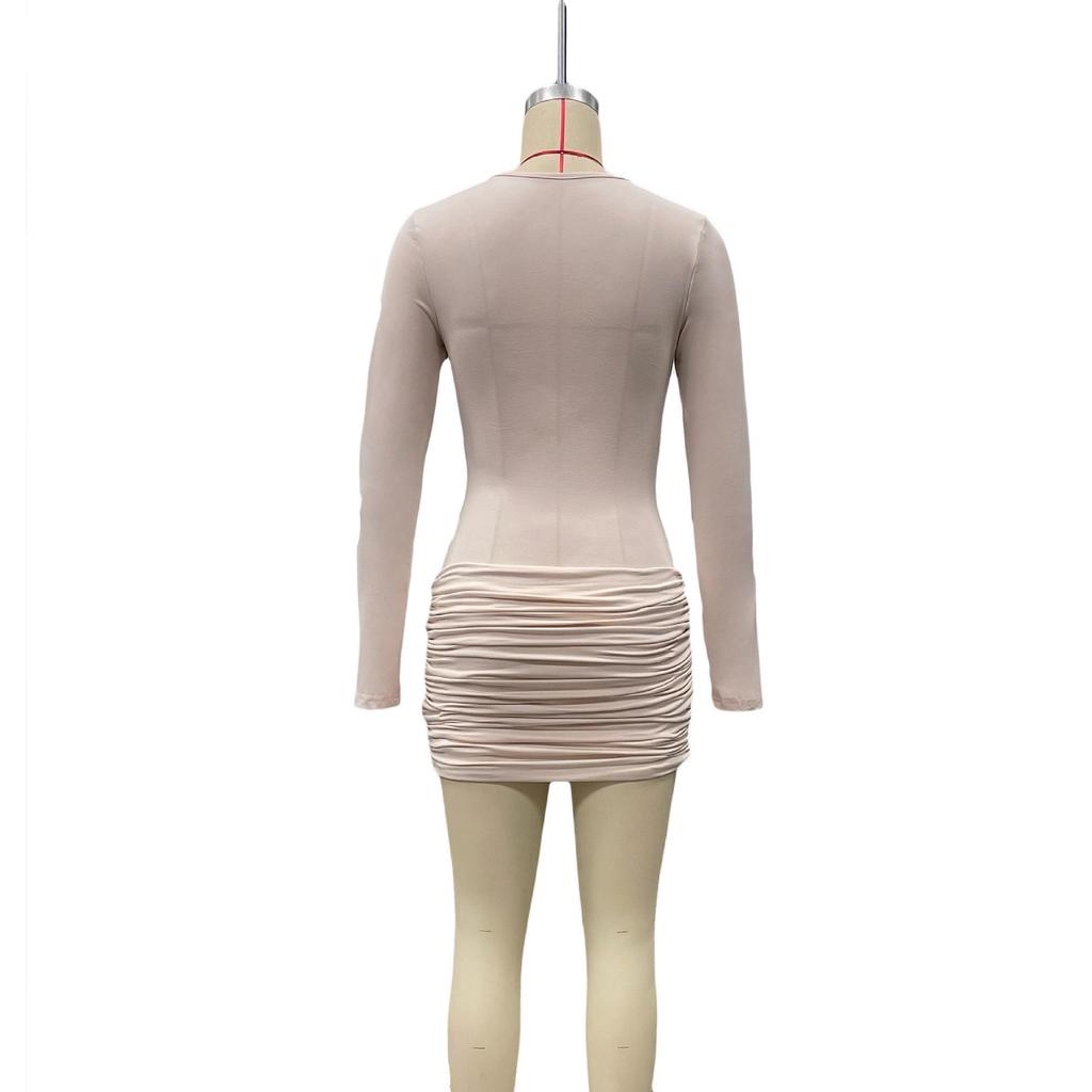 2025 Herbst V-Ausschnitt Langarm Einfarbig Slim Gerüschtes Kleid