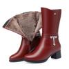Fashion Comfortable Soft Leather Boots Mid Leg Motorcycle Boots Winter 2024 Med Block Heels Plush Fur Mom Elegant  Non-slip Shoes