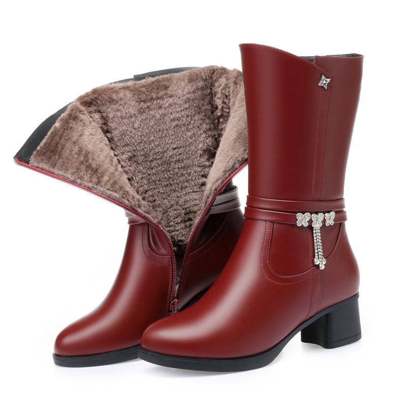 Fashion Comfortable Soft Leather Boots Mid Leg Motorcycle Boots Winter 2024 Med Block Heels Plush Fur Mom Elegant  Non-slip Shoes