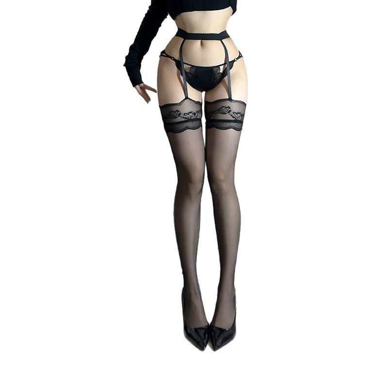 Su Xing's Suspender Socks Contrasting Lace Red Lace Suspender Stockings Black Silk Long Tube Knee-length Integrated Sex Underwear