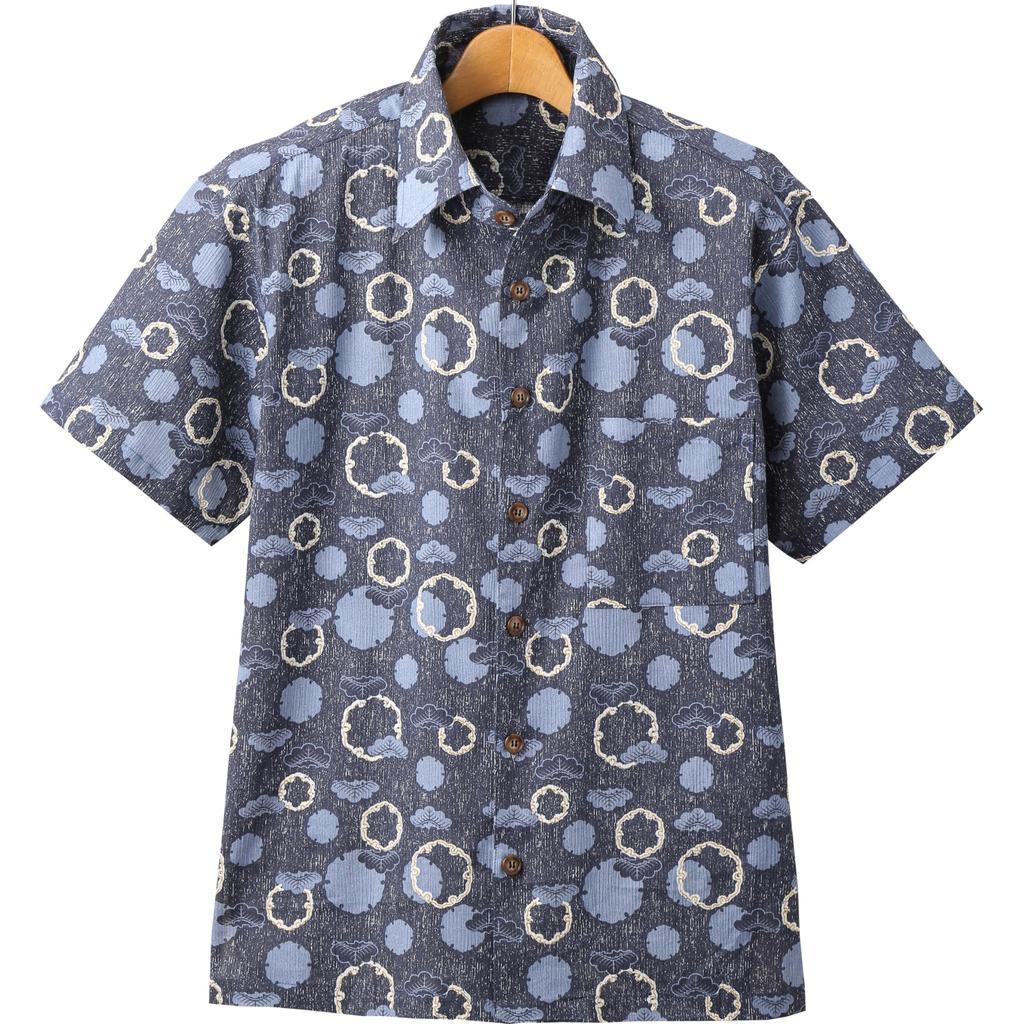 Little Island Takashima Chijimi Short Sleeve Indigo Blue with Japanese Size L Men's Shirt, Pattern,
