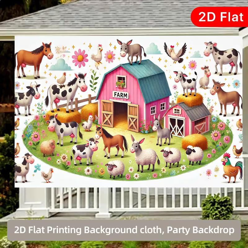 2D Toddler Farm Party Backdrop, Colorful Barnyard Animals Background for Photoshoot