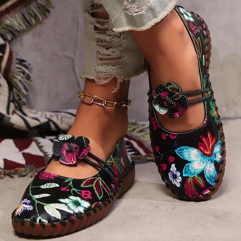 Fashion Floral Embroider Flats for Women Plus Size Print Pu Leather Platform Loafers Woman 2025 Summer Soft Sole Non Slip Casual Shoes