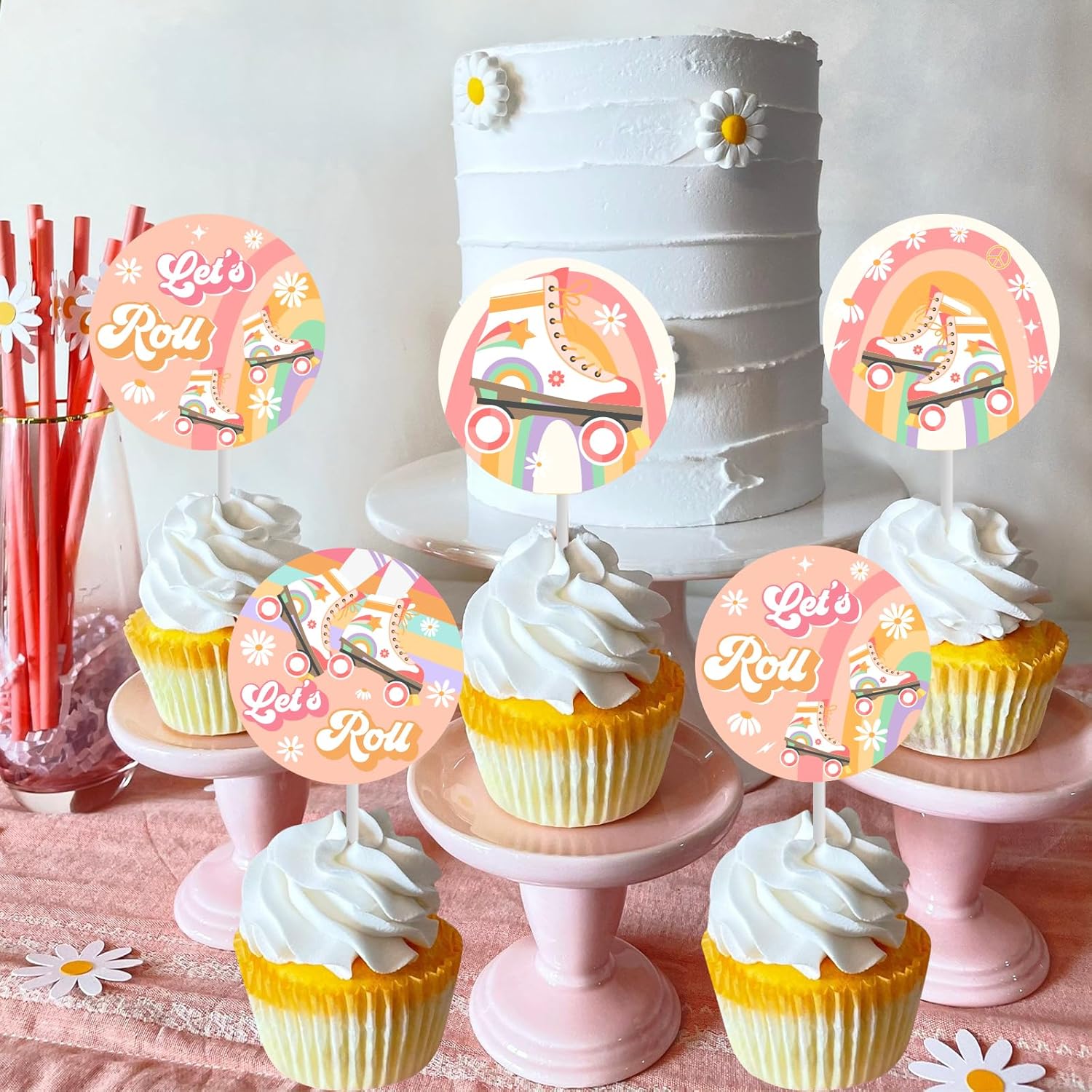 Cheereveal Roll Skating Birthday Decorations - 36 Pack Groovy Theme Let’s Roll Cupcake Toppers, Table Dessert Cupcake Picks, Happy Birthday Party