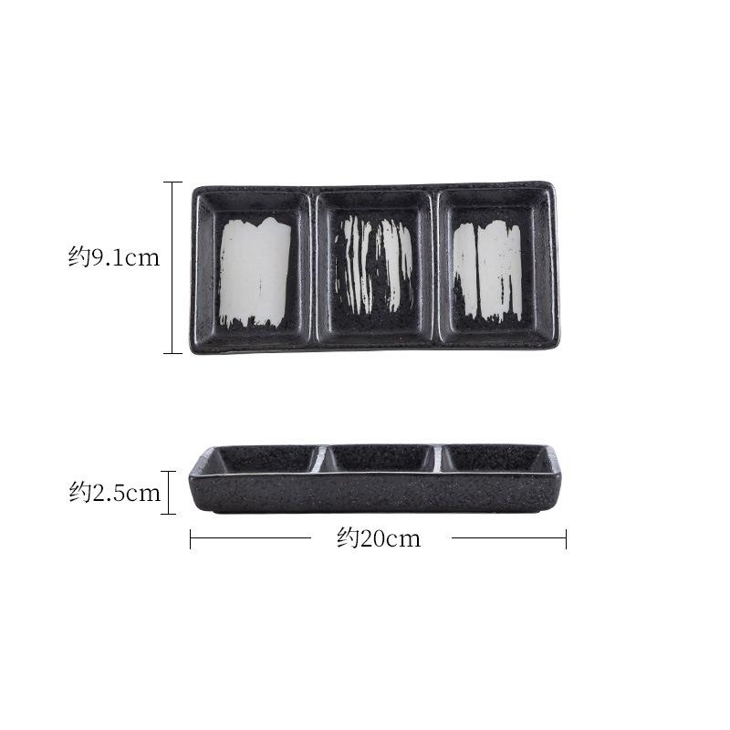 Japanese-Style Ceramic Three-Grid Sauce Dish, Ingredients, Dim Sum Dish, Rectangular Sauce Dish, Hot Pot Barbecue, Rectangular Dipping Dish