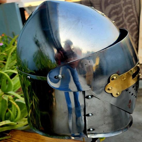 Steel Templar Knight Helmet, Brass Cross Crusader Armor, Medieval Warrior Costume Gift