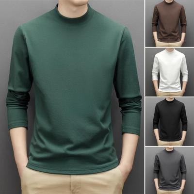 Spring Autumn Men Top Neck Protecting Half-high Collar Double-sided German Velvet Slim Fit Stretchy Long Sleeves Pullover Basic Sweatshirt for Home