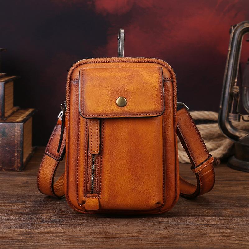 Real Leather Messenger Bag, Cowhide Phone Case, Handcrafted Single-shoulder Crossbody Bag, Men's Retro Bag Casually