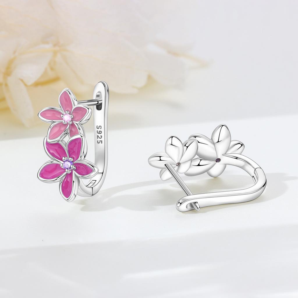 Original NEW S925 Silver Pink Purple Flowers Plants leaf Series Earring Hoop Earrings Women Jewelry Party Gifts