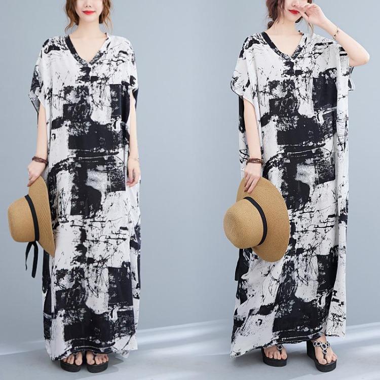 Sommer Damen Übergröße Kleid V-Ausschnitt Bohemian Blumendruck Locker Oversize Maxi Sommerkleid Groß 5104
