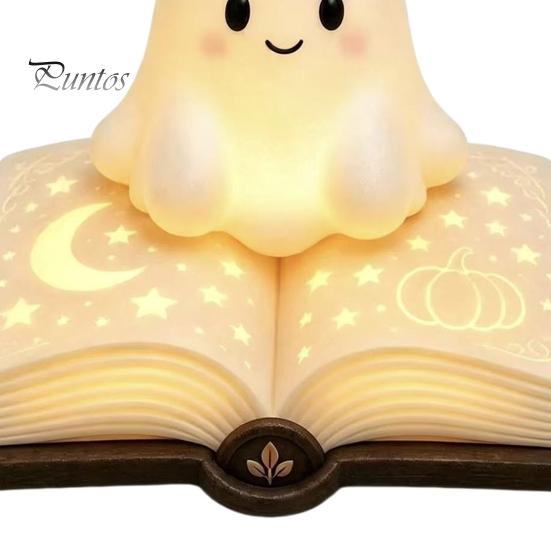 Ghost Figurine Desk Lamp Magic Book Night Light, Resin Tabletop Warm Glow with Moon Soft Yellow Light Star Relief, Cute Bedside Sleeping for