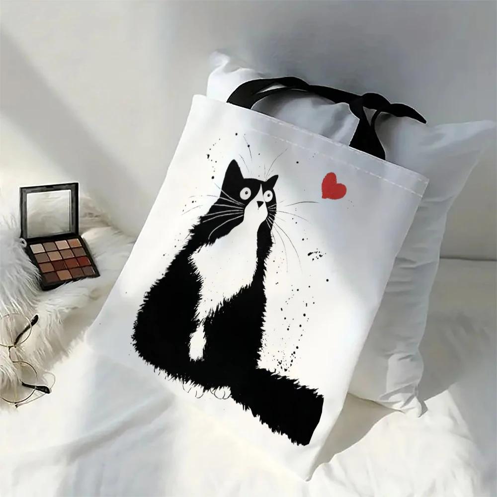 1pcs Linen Shopper Reusable Tote Cute Cats Print Grocery Storage Bag Portable Large Capacity Shoulder Bag Shoulder bag