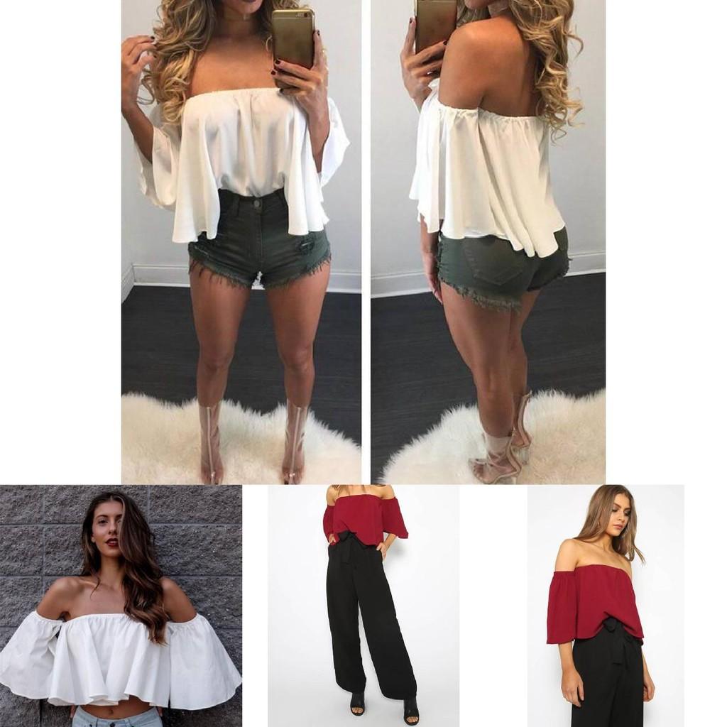 Stylish Summer Off Shoulder Ruffle Hem Loose Fit Top Women Urban Fashion Tee