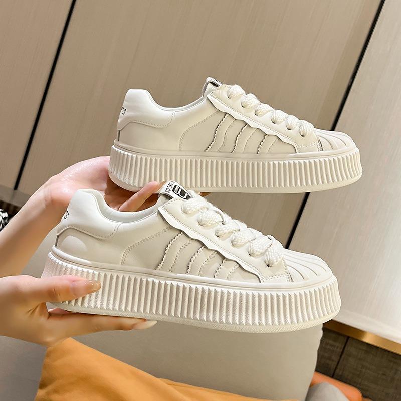 thick-soled little white shoes women's spring and summer new versatile casual board shoes shell head leather mesh flat-soled biscuit shoes