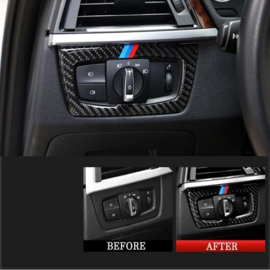 Real Carbon Fiber M Color Headlight Switch Panel Trim For BMW F30 F35 2003~18