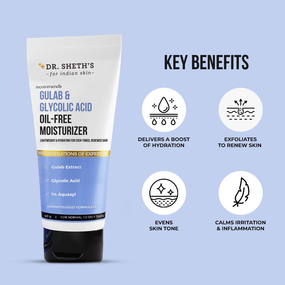Dr. Sheth's Gulab & Glycolic Acid Oil-Free Moisturizer 50g Pack Hydrating, Lightweight Skin Renewal Formula