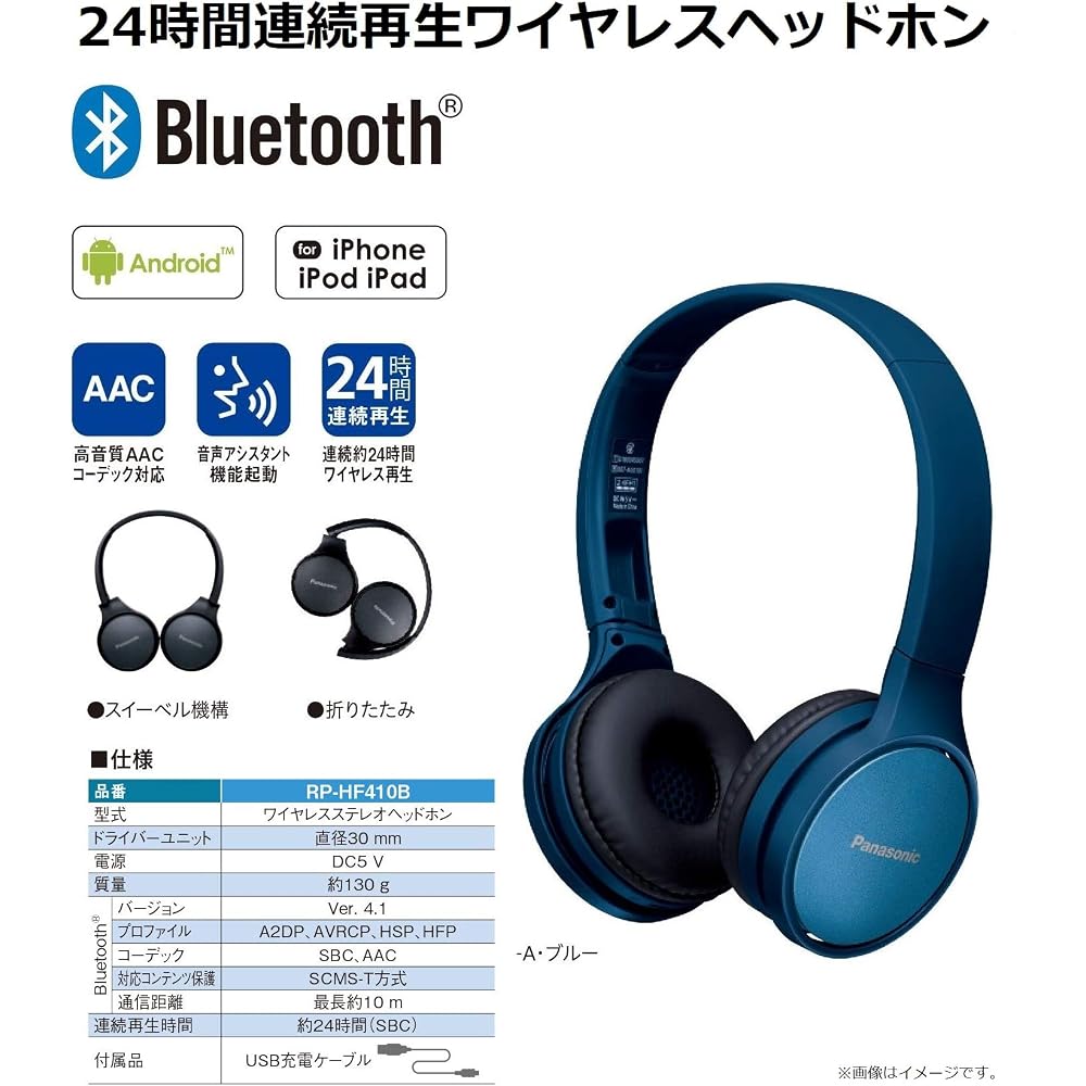 Panasonic Closed-Type Wireless Bluetooth Headphones, Blue, RP-HF410B-A