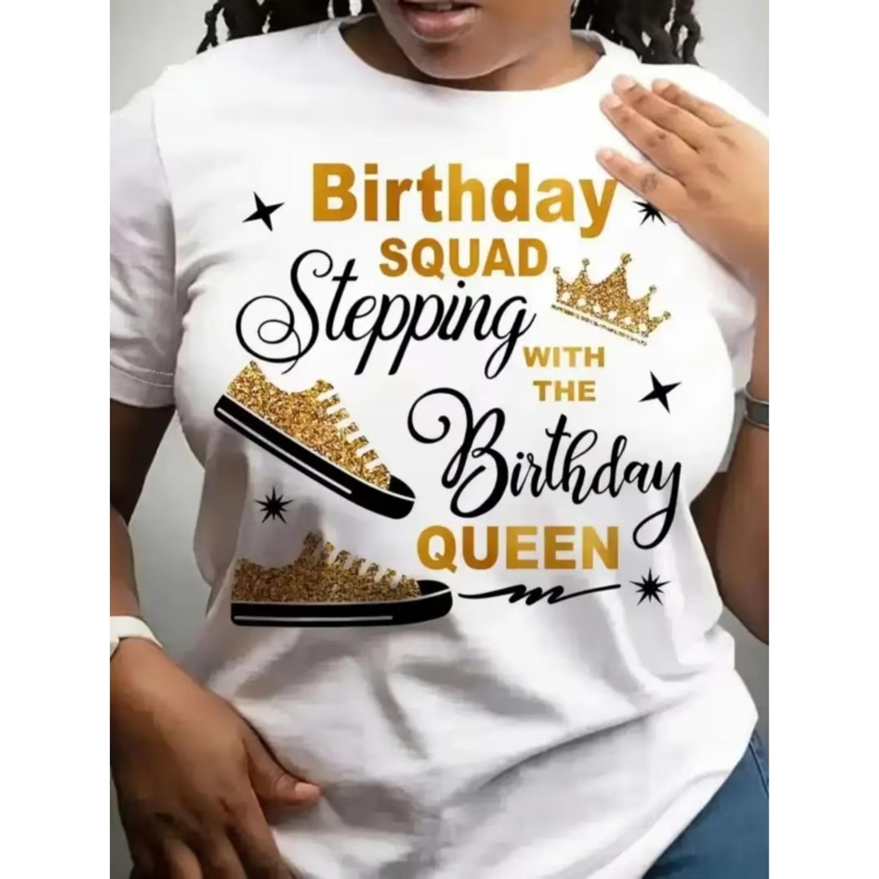 Birthday Queen Squad Black Cursive and Golden Glitter Graphic T-Shirt - Stylish and Fun Tee S белый