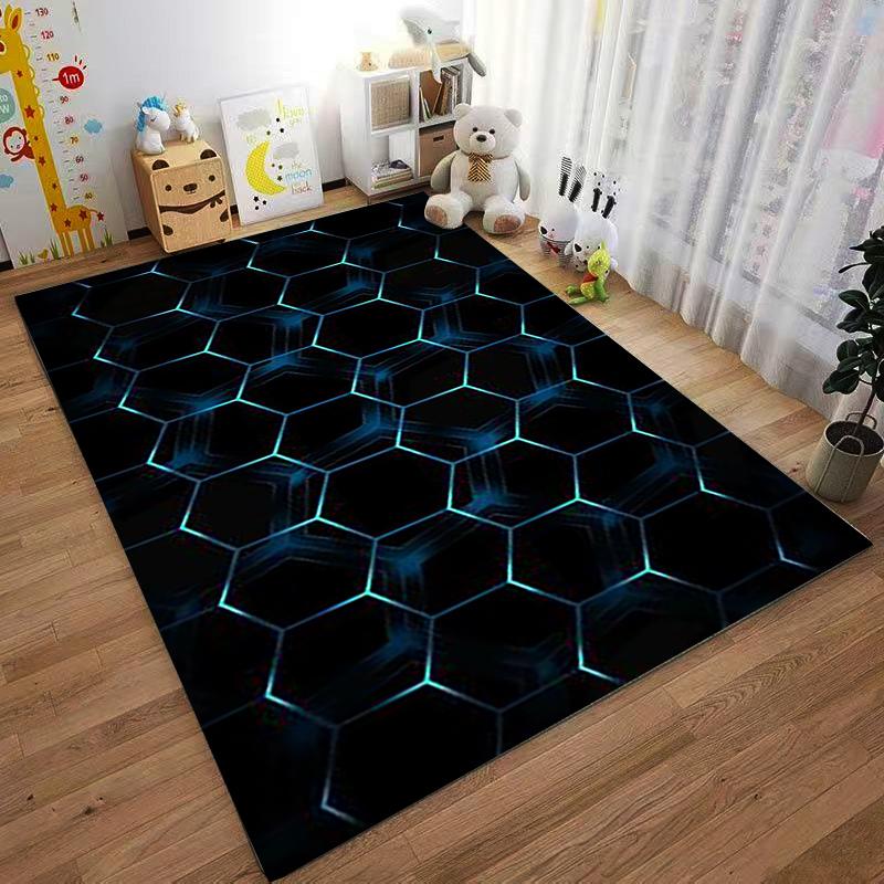 Hexagonal Pattern Rug with Futuristic Blue Glow on Black Background Suitable for use as an anti-slip for living room bedroom sofas