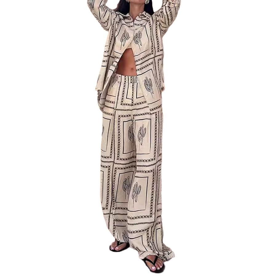 Spring New Arrivals Women's Wear Casual Business Printed Shirt Long Pants Fashion Set