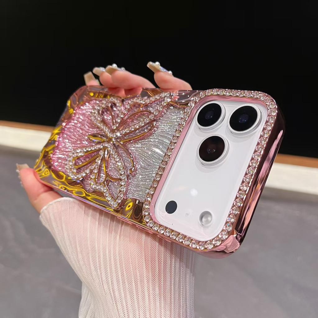 Light luxury flash diamond butterfly suitable for Apple 17ProMax mobile phone case iPhone16 electroplating 15 diamond 14 protective case