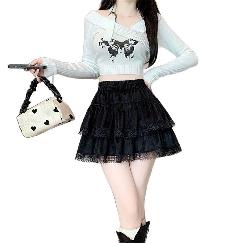 Women's Summer 2025 High Waist Lace Trim A-Line Ballet-Style Midi Skirt