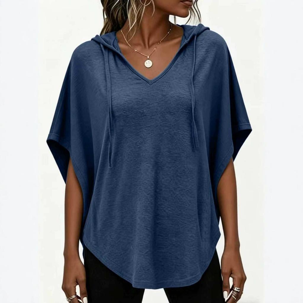 Women's Casual Loose-Fit Hooded V-Neck T-Shirt with Dolman Sleeves