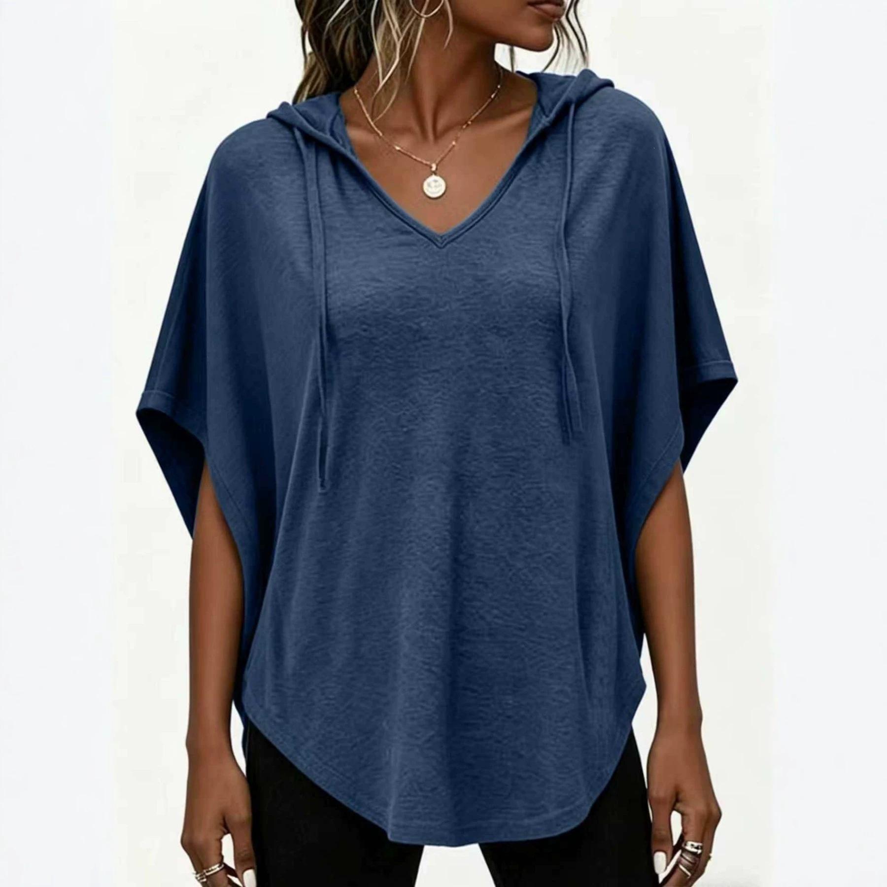 Women s Casual Loose-Fit Hooded V-Neck T-Shirt with Dolman Sleeves S тёмно-синий