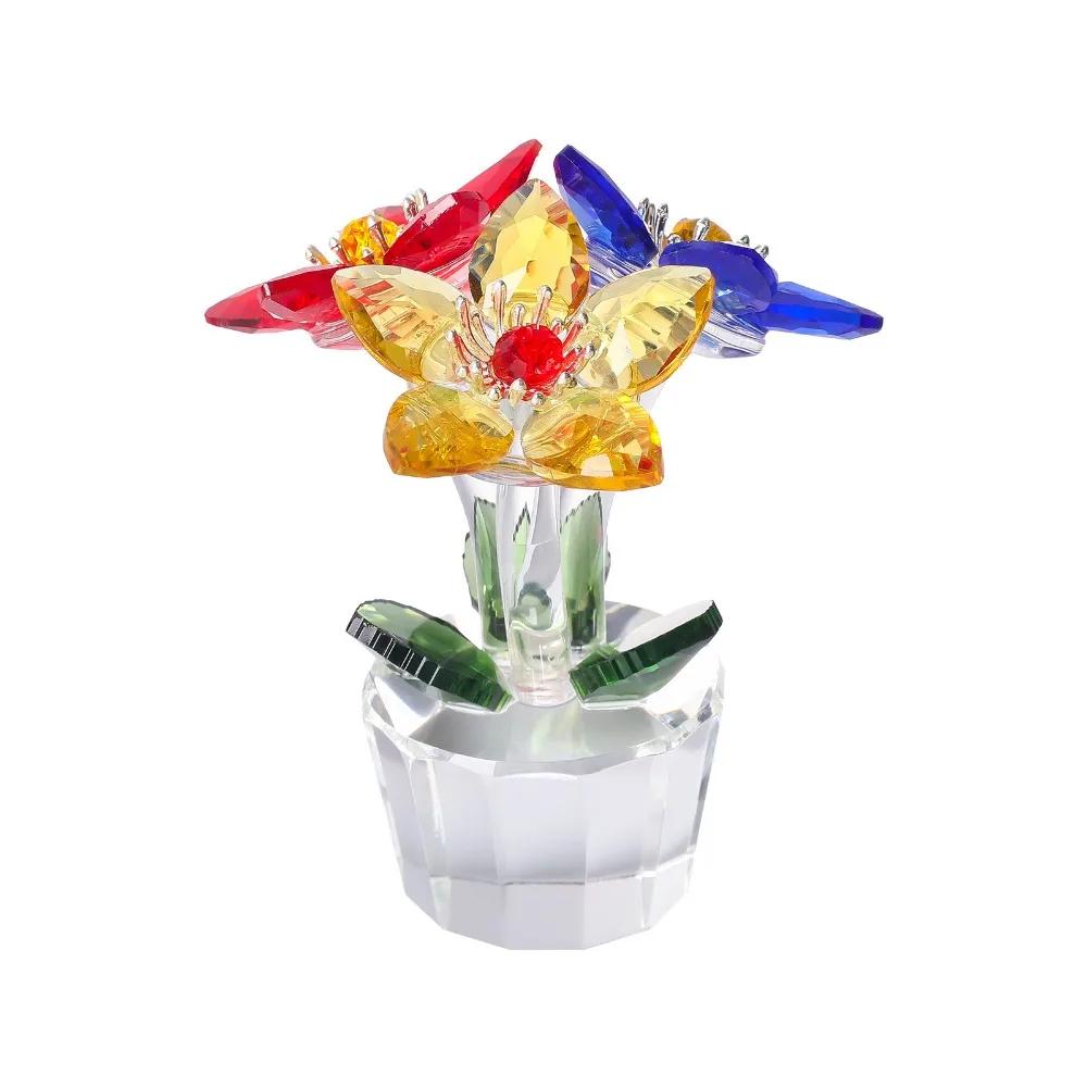 Handcraft Crystal Flower Statue Ornament Clear Base Artificial Flower Figurine Rose Tulip High Transparence