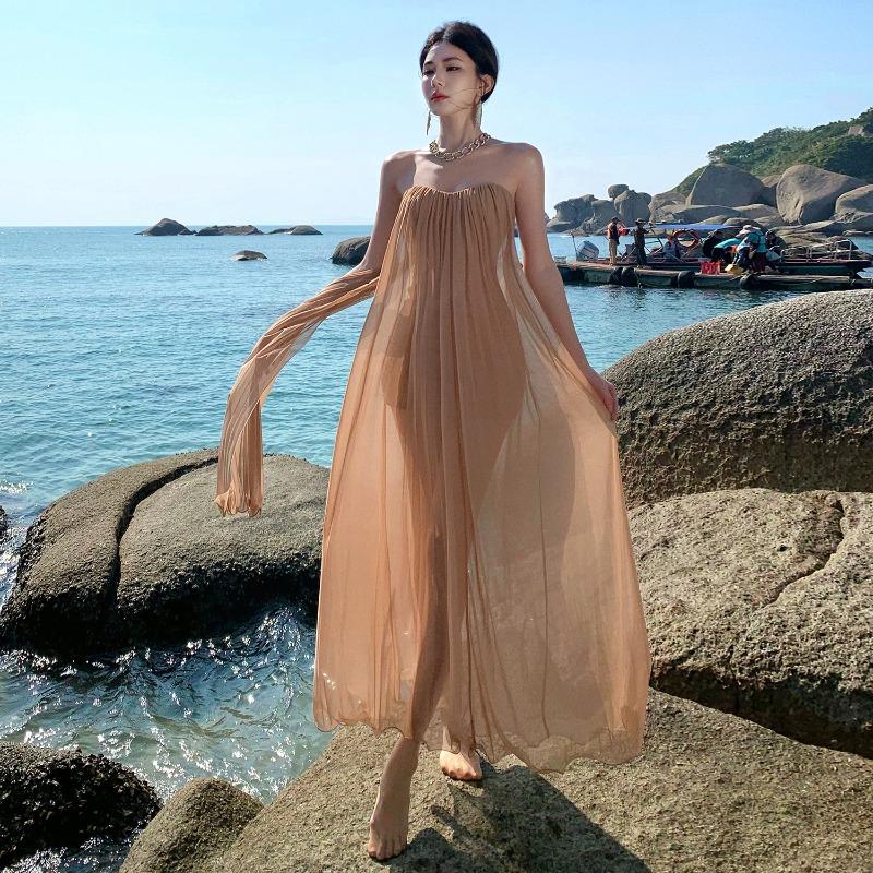 Tube-Top Netz-Streamer-Kleid Fee Sommer Senior Sexy Rückenfrei Meeresurlaub Strandkleid Langes Kleid
