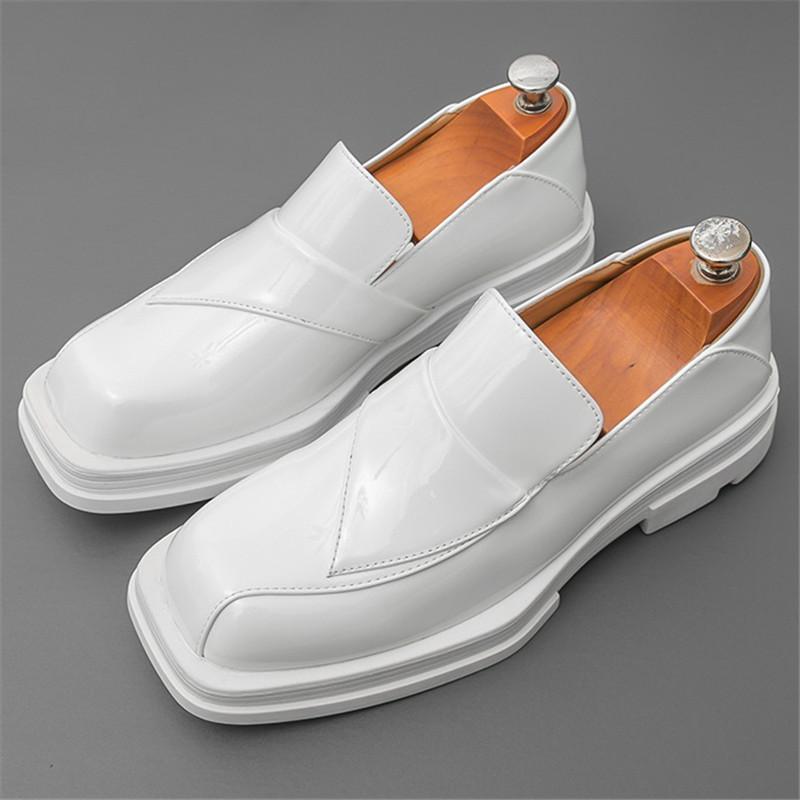Fashion Luxury Retro Designer White Square Toe Thick-soled Height Increasing Shoes For Men Formal Wedding Prom Dress Performance Loafer