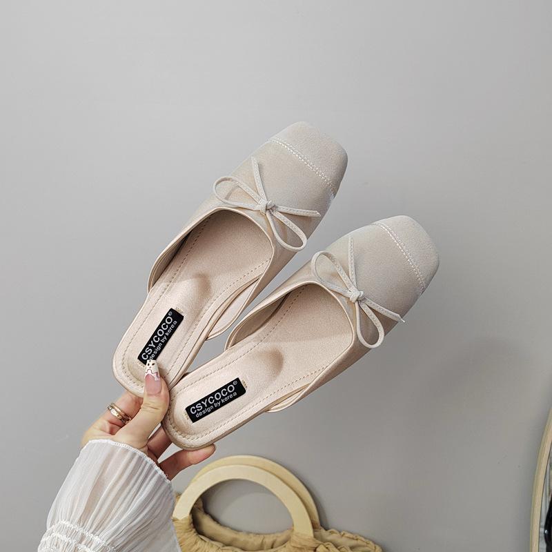 Wind Color Matching Dopamine Candy Color Flat-bottomed Slippers French Age-reducing Bow Fairy Satin Bag Head Slippers