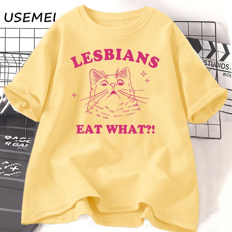 LGBT Lesbians Eat What Cat T Shirts Funny Gay Pride T-Shirts LGBTQ 90s Cat Lover Graphic T Shirts Aesthetic Women's Clothing Top