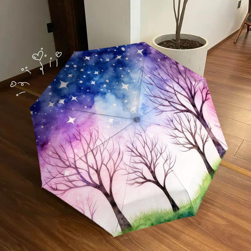 1pc night sky trees Automatic Folding Umbrella, Heavy Duty 8 Rib Iron Frame,  Suitable for Travel, Daily Use, Birthday, Decor Gift  04