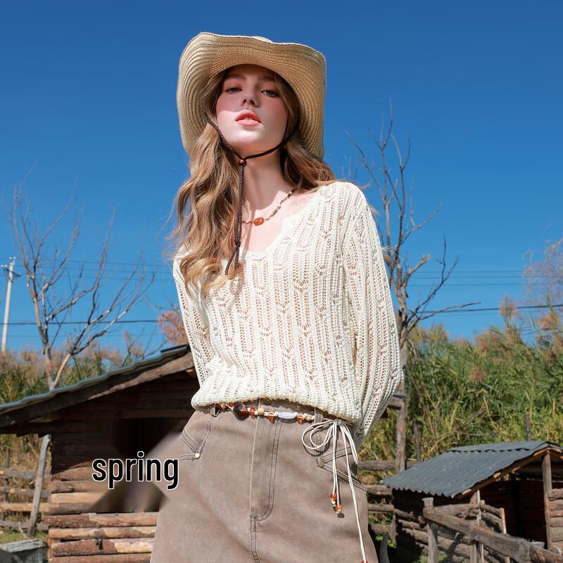 SanCai 2026 Spring Nomadic Style Openwork Knit Pullover