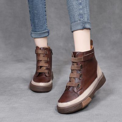 Retro Boots Women's Autumn and Winter Round Toe Soft Sole Color High-top Women's Shoes Velcro Boots Women