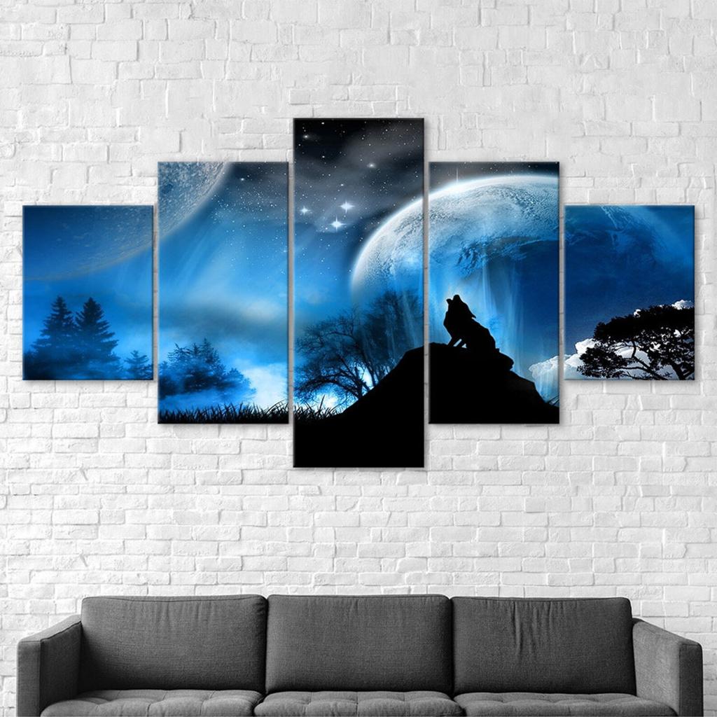 Howling Wolf Silhouette Dark Night Moon Scenery View 5 Piece Five Panel Canvas Print Modern Wall Art Poster Home Decor For Him For Her Gift