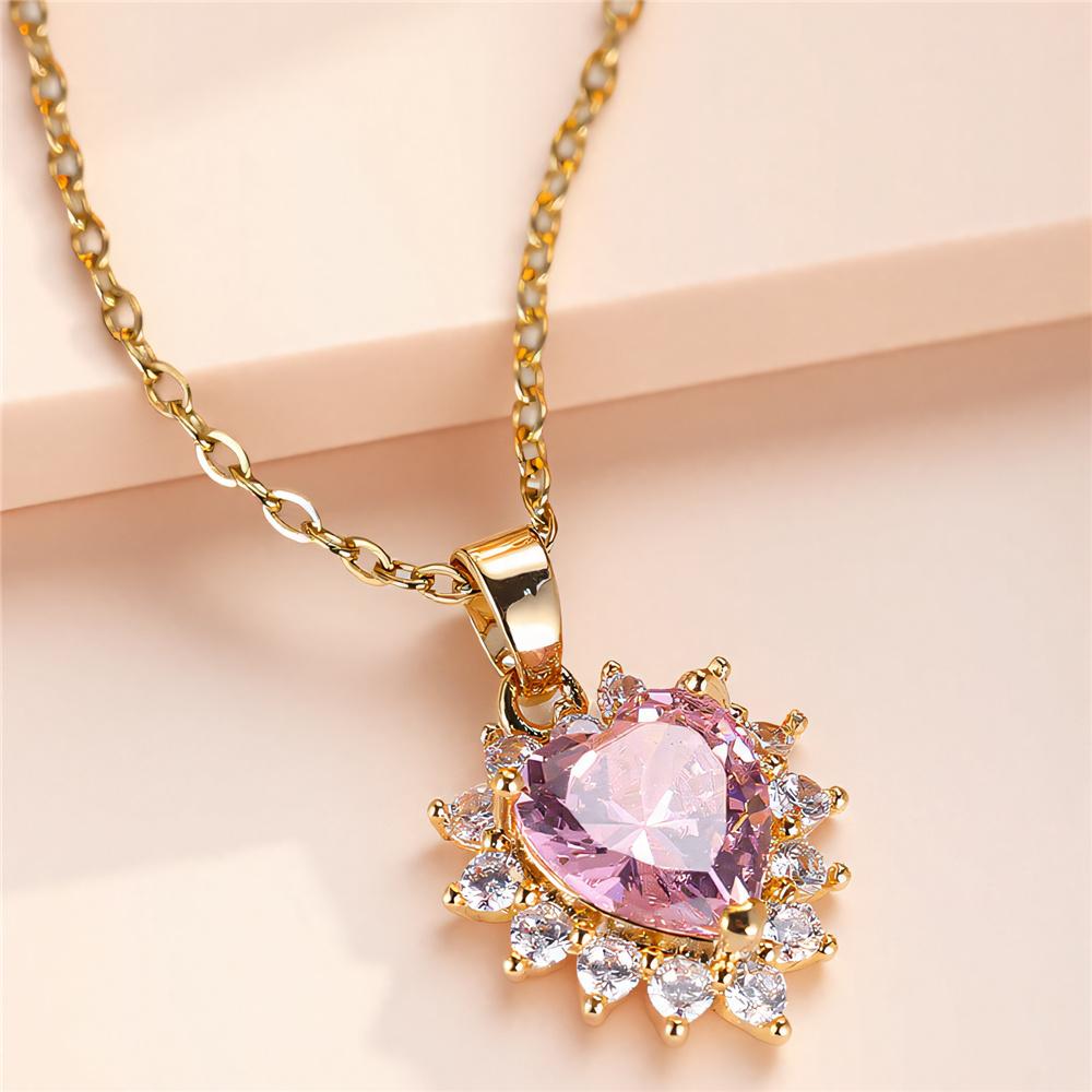 Female Crystal Zircon Pink Stone Love Heart Pendant Necklace Vintage Gold Color Wedding  For Women