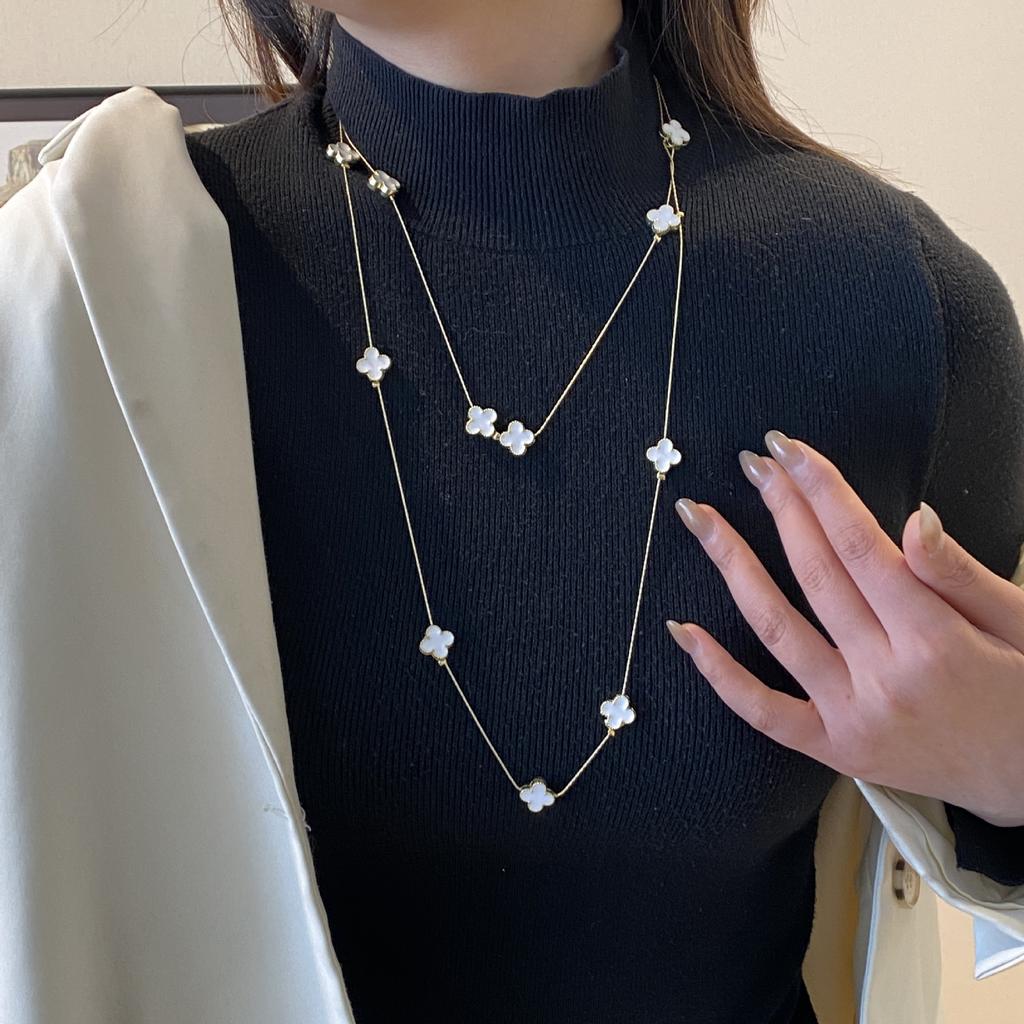 Light Luxury Four-leaf Clover Long Necklace Women with Fall and Winter Sweater Chain High-level Sense of Double Layered Stacked Clothes Pendant