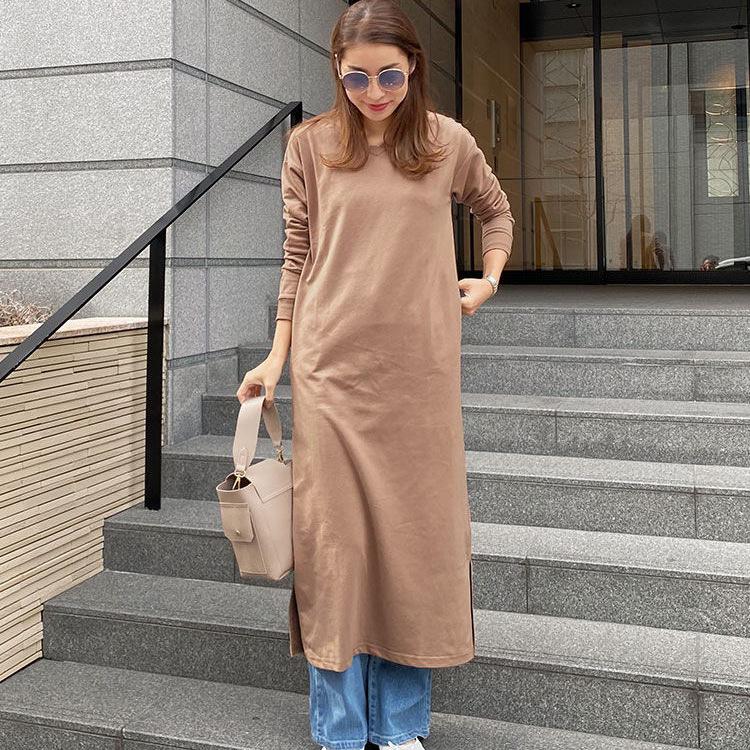 New Autumn and Winter Women's V-neck Dress Loose Casual and Comfortable Side Pocket Cotton Long Skirt