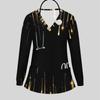 Women Plus Size V Neck Long Sleeve Black Gold Geometric Printed Nurse Scrub Top With Front Pockets