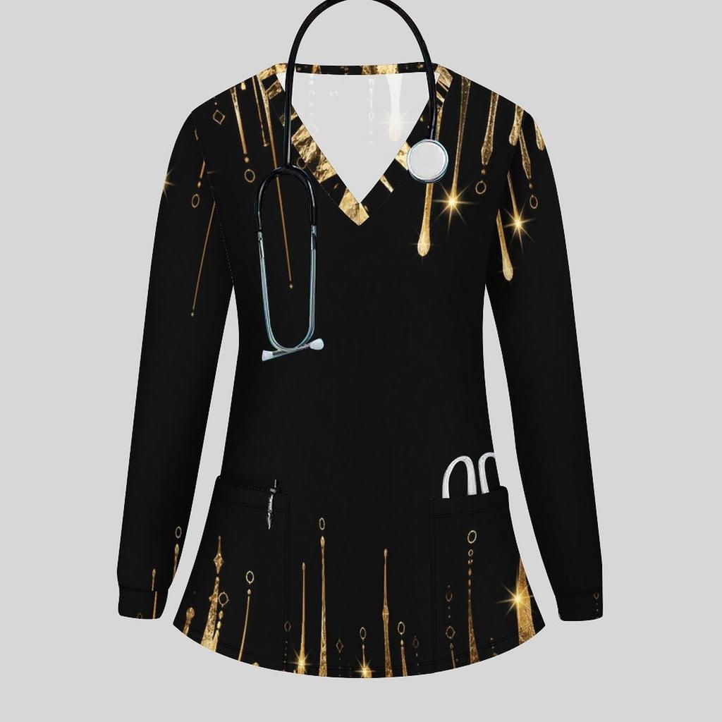 Women Plus Size V Neck Long Sleeve Black Gold Geometric Printed Nurse Scrub Top With Front Pockets